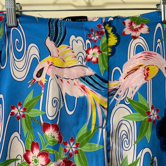 ZARA Wide Leg Floral Blue Red Silky Pants XS - Picture 5 of 10